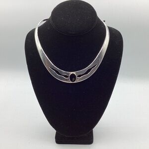 Vintage Mexican 925 Sterling Silver Choker Necklace Black Onyx Stone FS2